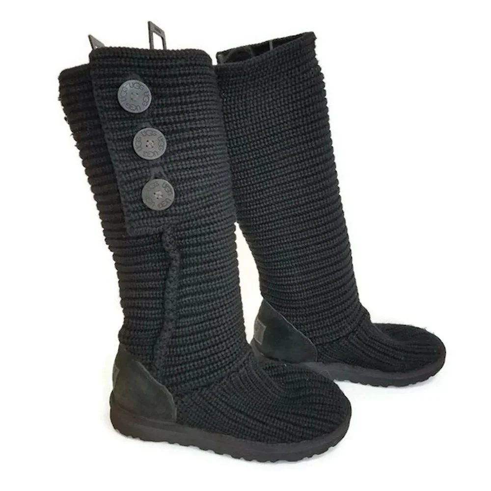 Authentic Ugg Classic Cardy Boots Knit Fabric Shearling Footbed Tall Foldover - Picture 2 of 6